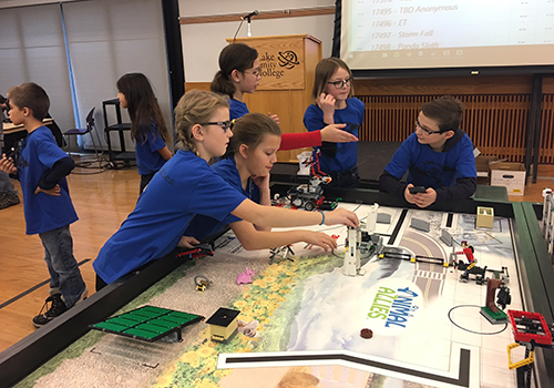 Class V robotics teams competing at the First Lego League qualifier.