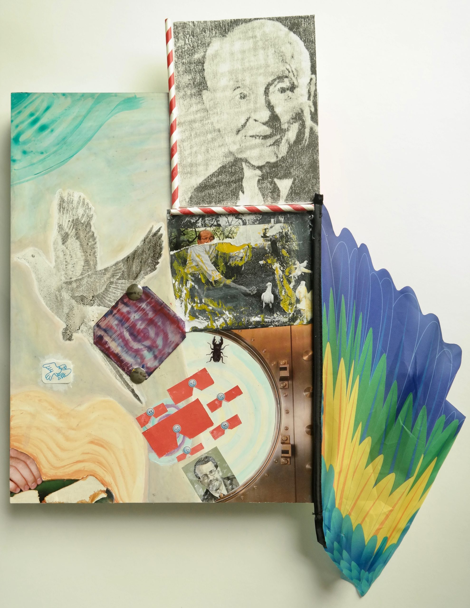 Liam B. ’20, Untitled, acrylic paint, transfers, collage, stickers, thumbtacks, drinking straws, and plastic kite wing on cradled panel, 2018
