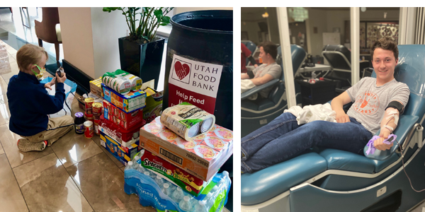 Payson D. '21 giving blood during the pandemic; William W. '30 donating food to the Utah Food Bank